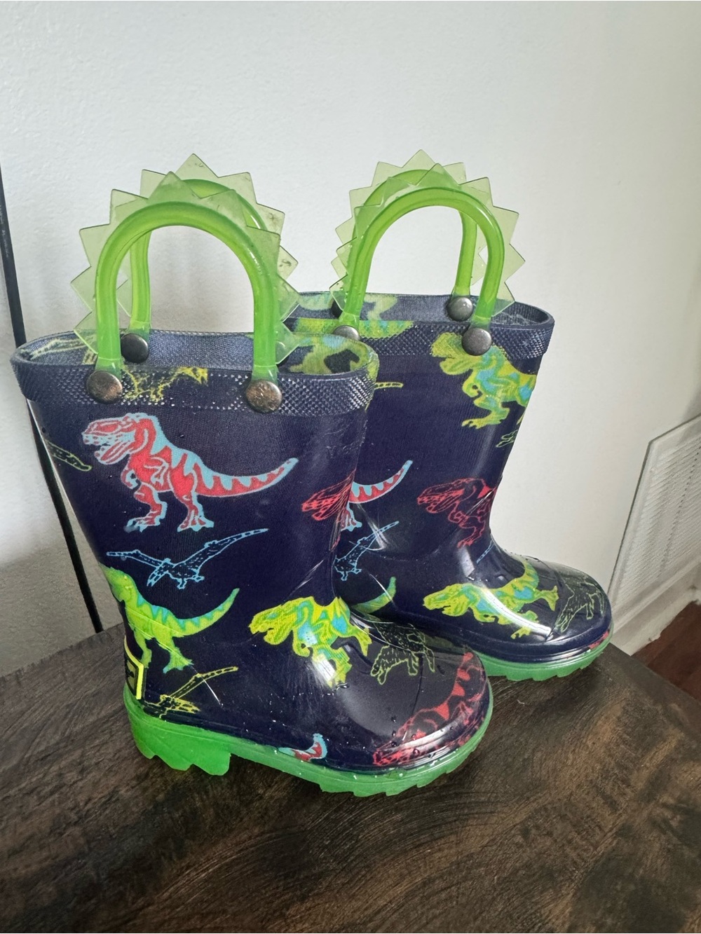 Western Chief Kids Dinosaur Rain Boots with Green Handles